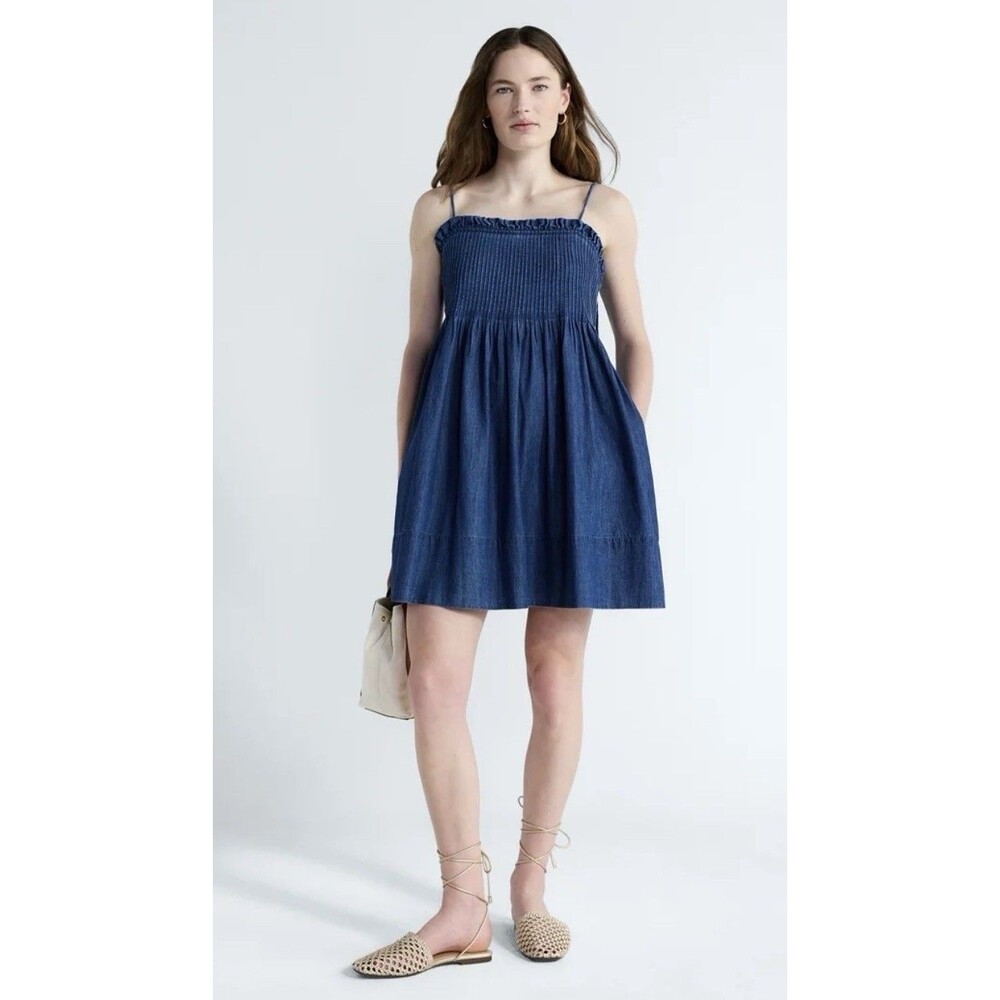 Smocked Denim Midi Dress - Navy
